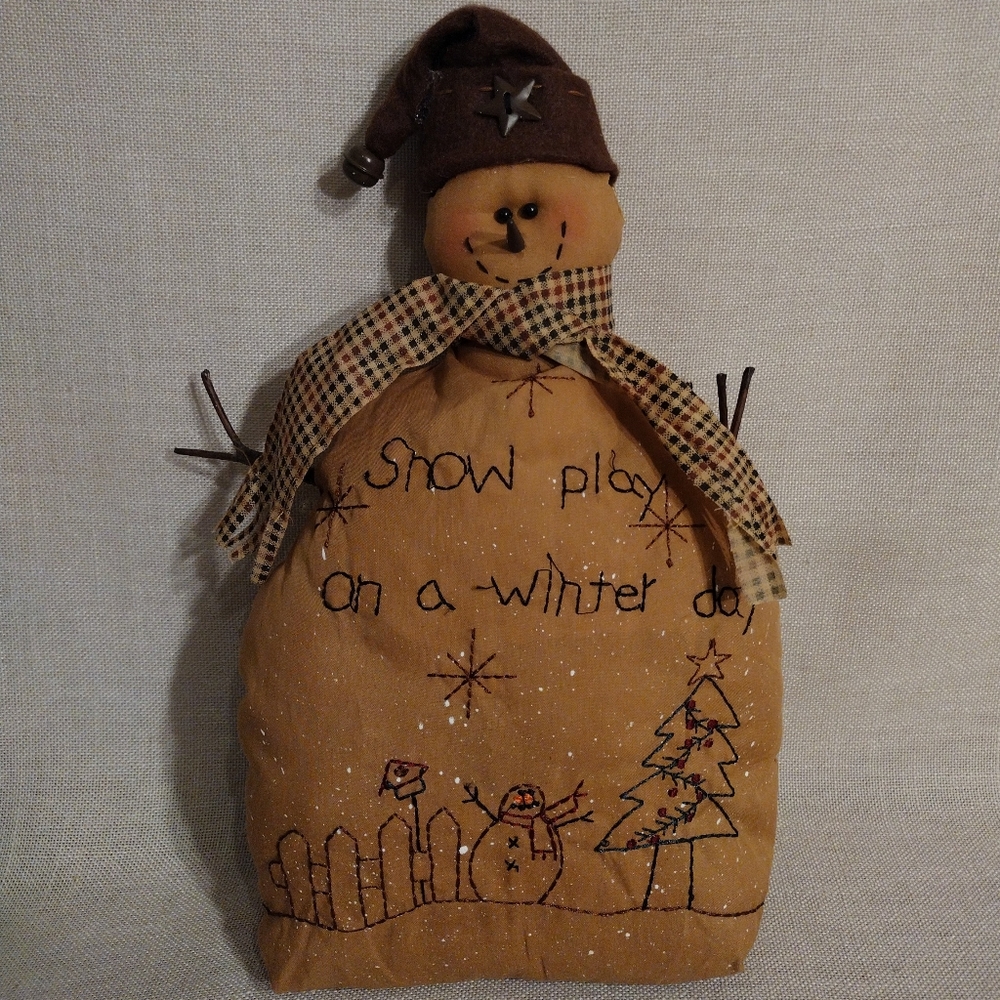 Primitive Snow Play On A Winter Day Fabric Stitched Snowman
